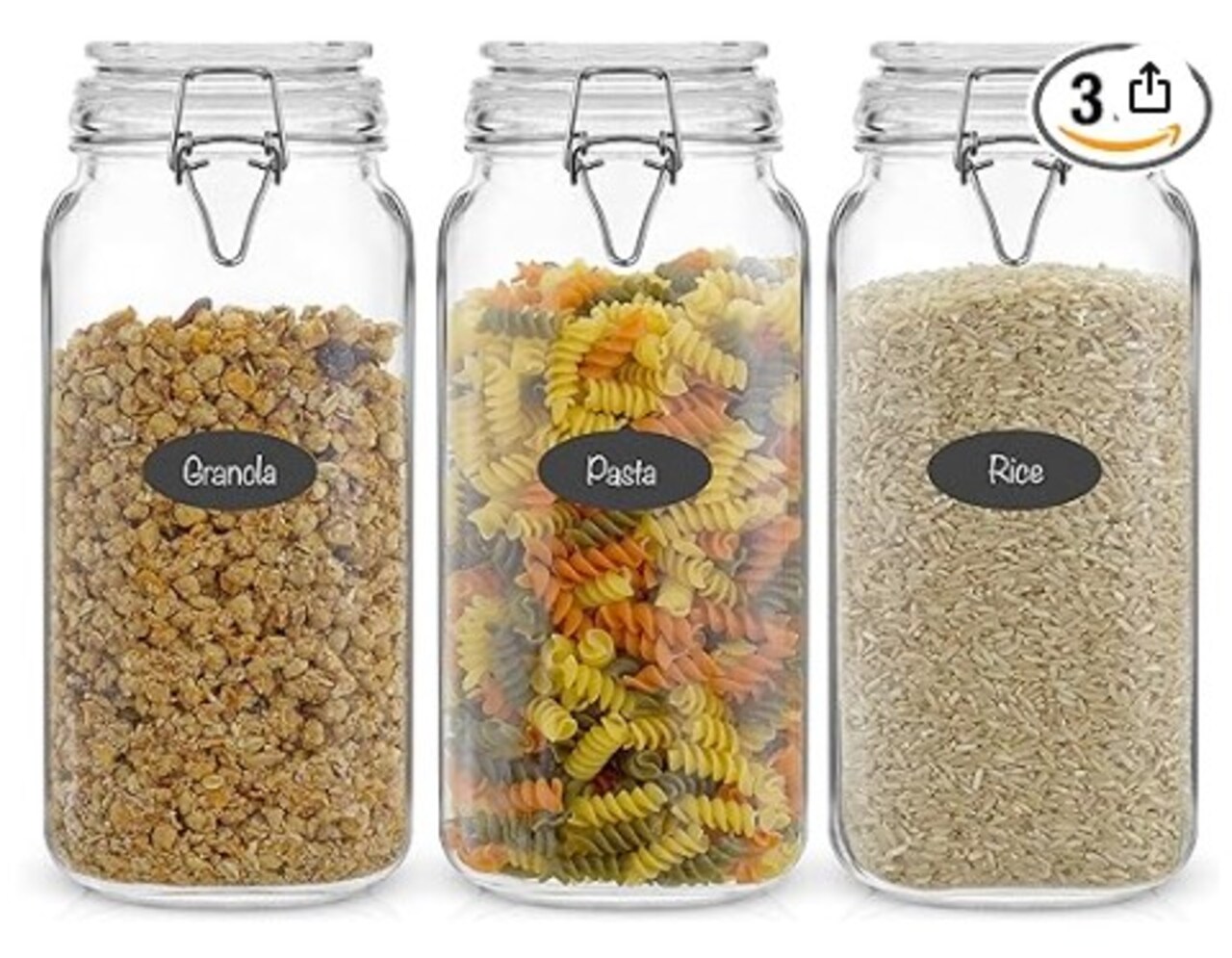 Glass Jars with Lids that are Airtight 78oz Glass Jar with Lid and 6 Silicone Seals in a Set of 3! Glass Food Storage Containers in Bulk. Containers for Candy, Flour, and Pasta in a Square Mason Jar